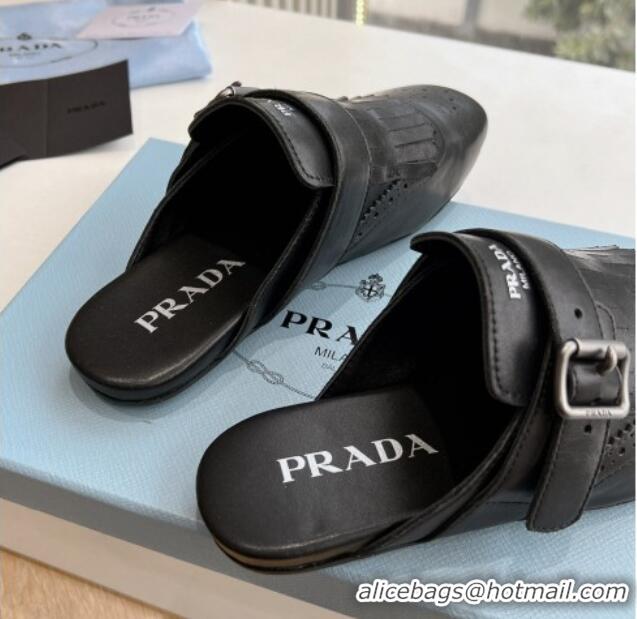 Hot Style Prada Openwork Leather elasticized mules with Fringe Black 1227139