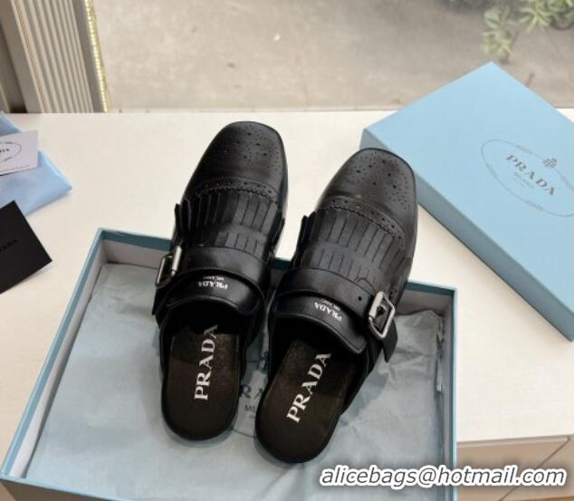 Hot Style Prada Openwork Leather elasticized mules with Fringe Black 1227139