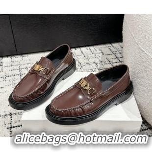 Feminine Celine Universite Triomphe Chain Loafers in Polished Leather Dark Brown 1223084