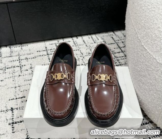 Feminine Celine Universite Triomphe Chain Loafers in Polished Leather Dark Brown 1223084