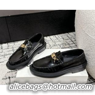 Buy Discount Celine Universite Triomphe Chain Loafers in Polished Leather Black 1223085