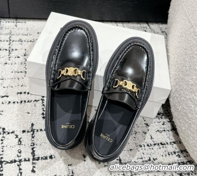 Buy Discount Celine Universite Triomphe Chain Loafers in Polished Leather Black 1223085