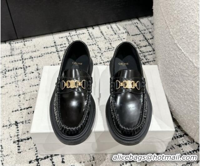 Buy Discount Celine Universite Triomphe Chain Loafers in Polished Leather Black 1223085