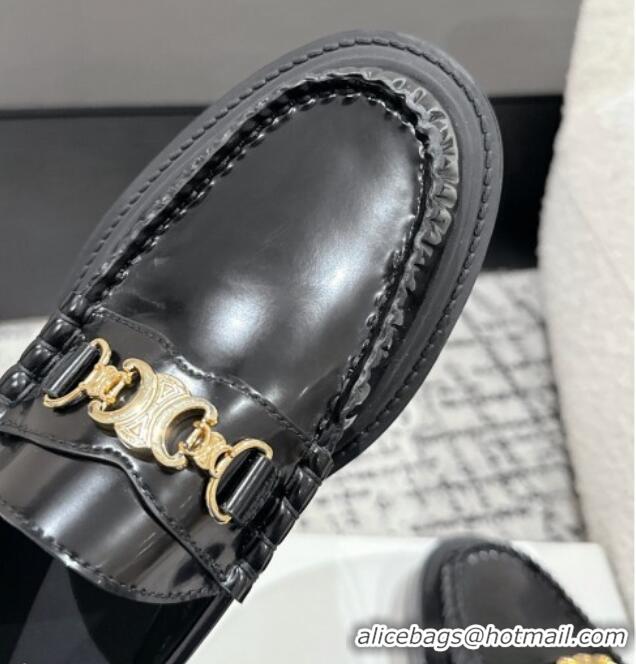 Buy Discount Celine Universite Triomphe Chain Loafers in Polished Leather Black 1223085