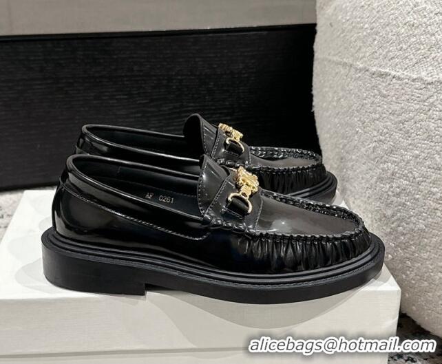 Buy Discount Celine Universite Triomphe Chain Loafers in Polished Leather Black 1223085