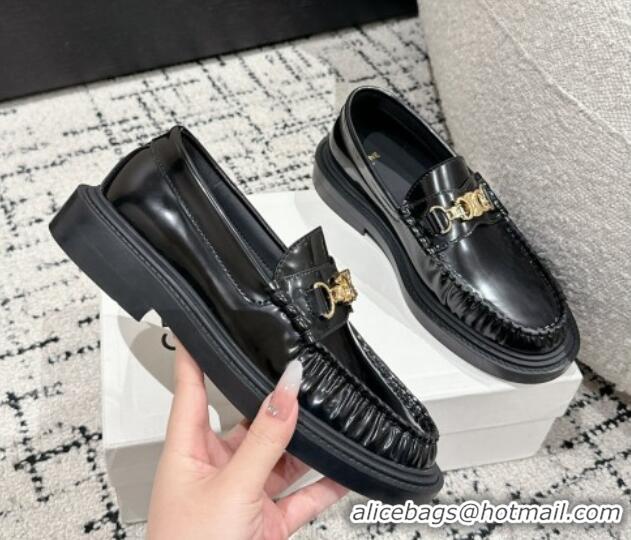 Buy Discount Celine Universite Triomphe Chain Loafers in Polished Leather Black 1223085