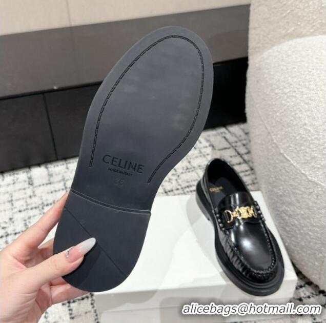 Buy Discount Celine Universite Triomphe Chain Loafers in Polished Leather Black 1223085