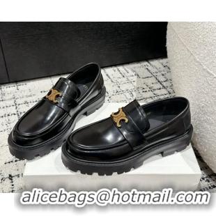 Unique Style Celine Aged Logo Triomphe Platform Loafers in Polished Leather Black 1223086