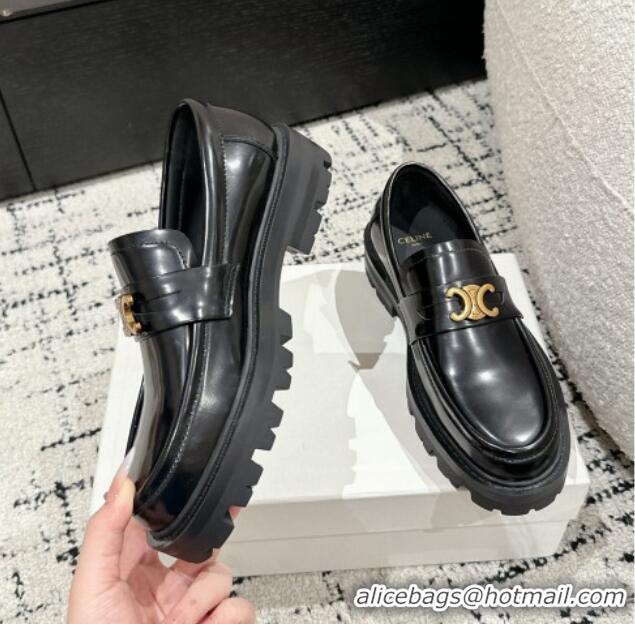 Unique Style Celine Aged Logo Triomphe Platform Loafers in Polished Leather Black 1223086