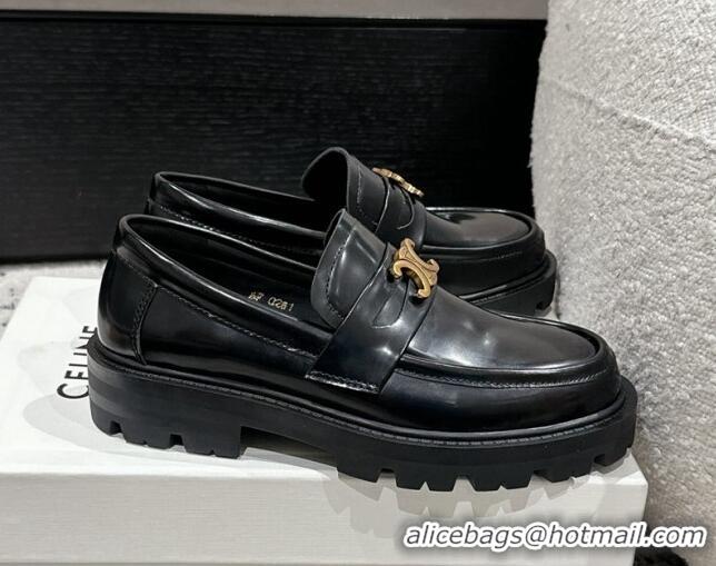 Unique Style Celine Aged Logo Triomphe Platform Loafers in Polished Leather Black 1223086