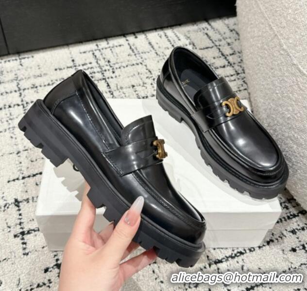 Unique Style Celine Aged Logo Triomphe Platform Loafers in Polished Leather Black 1223086