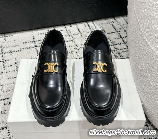 Unique Style Celine Aged Logo Triomphe Platform Loafers in Polished Leather Black 1223086