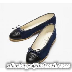 Top Quality Chanel Ballet Flats Suede Goatskin And Lambskin G46026 Navy Blue/Black