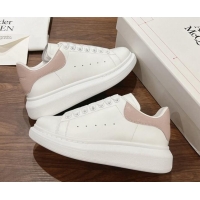 Luxury Discount Alexander McQueen Oversized Sneakers in Silky Calfskin and Crinkled Leather Heel Tab White/Light Pink 12