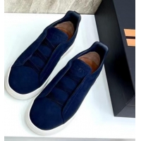 ​Cheapest Zegna Melange Suede Triple Stitch Sneakers Feature A White Rubber Sole ZE4589 Navy Blue