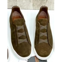 ​Best Price Zegna Melange Suede Triple Stitch Sneakers Feature A White Rubber Sole ZE4589 Dark Green