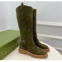 Classic Hot Gucci Slim Horsebit High Flat Boots in Green Suede 1118047