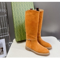 Good Quality Gucci Slim Horsebit High Flat Boots in Suede Yellow 1118051