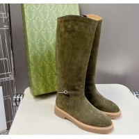 Best Grade Gucci Slim Horsebit High Flat Boots in Suede Green 1118052