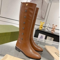 Top Grade Gucci Leather High Flat Boots 2.5cm with Side Ball Charm Brown 1118066