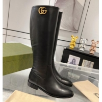 Best Grade Gucci Leather High Flat Boots 2.5cm with GG Black 1118067