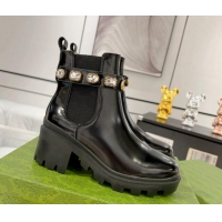 Good Quality Gucci Black Shiny Leather Ankle Boots with Strass Strap 1118071