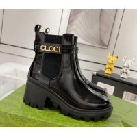 Pretty Style Gucci Black Shiny Leather Ankle Boots with GUCCI Strap 1118073