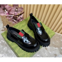 Shop Cheap Gucci Shiny Leather Platform Loafers 5cm with Web Black 1118098