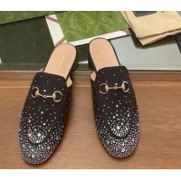 Luxury Cheap Gucci Princetown GG Canvas Flat Slippers with Strass Black 1119004