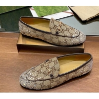 Best Price Gucci Jordaan GG Canvas Flat Loafers with Strass Beige 1119005