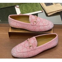 Good Product Gucci Jordaan GG Canvas Flat Loafers with Strass Light Pink 1119007