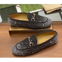 Duplicate Gucci Jordaan GG Canvas Flat Loafers with Strass Black 1119008