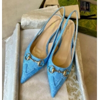 Good Quality Gucci GG Canvas Slingback Pumps 4.5cm with Horsebit Light Blue 1119020