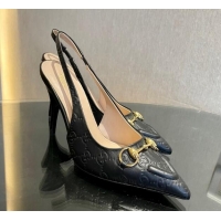 Best Grade Gucci GG Leather Slingback Pumps 10.5cm with Horsebit 782627 Black 119029