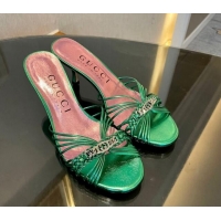 Stylish Gucci Lambskin Heel Slides Sandal 6.5cm with GG Chain Green 1119035