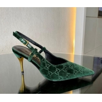 Good Quality Gucci GG Velvet Slingback Pumps 8.5cm with Gold-Tone Heel Green 1119054