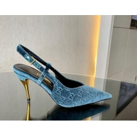 Sumptuous Gucci GG Velvet Slingback Pumps 8.5cm with Gold-Tone Heel Blue 119055