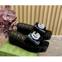 Crafted Gucci Patent Calf Leather Platform Slide Sandals 6.5cm Black 1119061