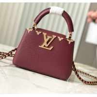 Top Grade Louis Vuitton Capucines Mini Bag with Strass Hardware in Burgundy Taurillon Leather M24583 2025