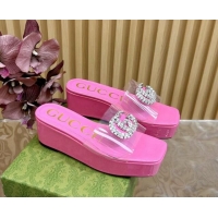 Top Grade Gucci Patent Leather and PVC Platform Slide Sandals 6.5cm Pink 1119074