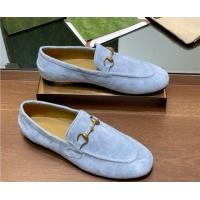 Shop Duplicate Gucci Women's Jordaan Suede Loafers Light Blue 1119083