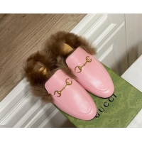 Top Design Gucci Leather and Wool Flat Slippers Light Pink 1119084