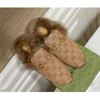 Best Grade Gucci GG Canvas and Wool Flat Slippers Beige/Brown 1119086