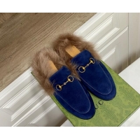 Best Product Gucci Suede and Wool Flat Slippers Navy Blue 1119088