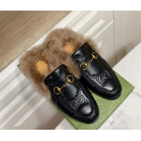 Unique Style Gucci GG Leather and Wool Flat Slippers Black 1119092