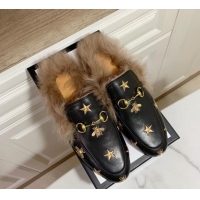 Classic Hot Gucci Leather and Wool Flat Slippers with Bee Embroidery Black 1119093