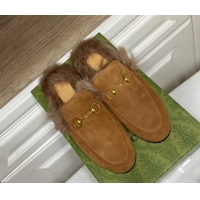 Best Price Gucci Suede and Wool Flat Slippers Brown 1119094