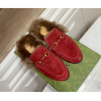 Top Grade Gucci Suede and Wool Flat Slippers Red 1119095