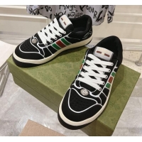 Good Looking Gucci Screener Trainer Sneakers in Black Suede with Leather Padded Web 119117