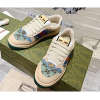 Top Design Gucci Women's Screener Trainer Sneakers in Beige Fabric with Web and Strass Blue/Green 1119128